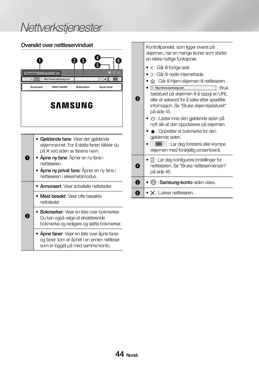 Samsung UBD-M9500/XE manual Oversikt over nettleservinduet 