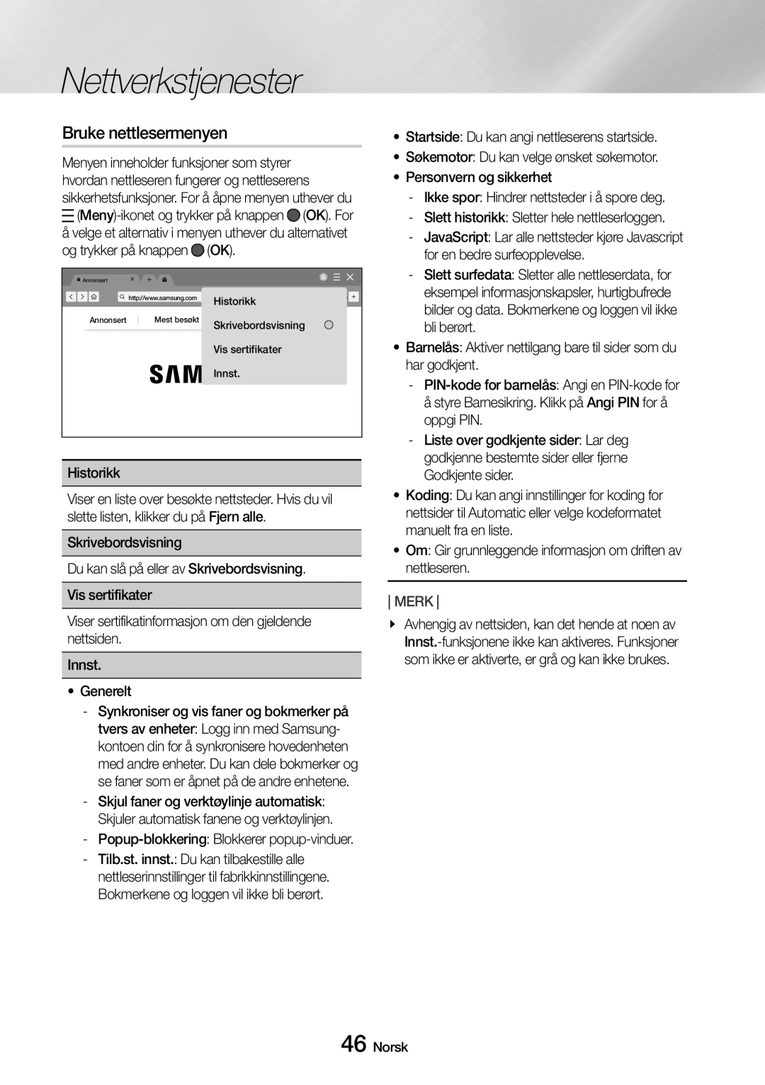 Samsung UBD-M9500/XE manual Bruke nettlesermenyen, Slett surfedata Sletter alle nettleserdata, for 