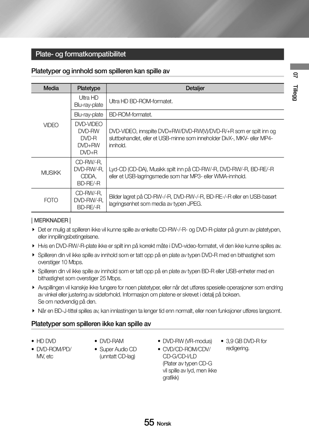 Samsung UBD-M9500/XE manual Plate- og formatkompatibilitet, Platetyper og innhold som spilleren kan spille av 