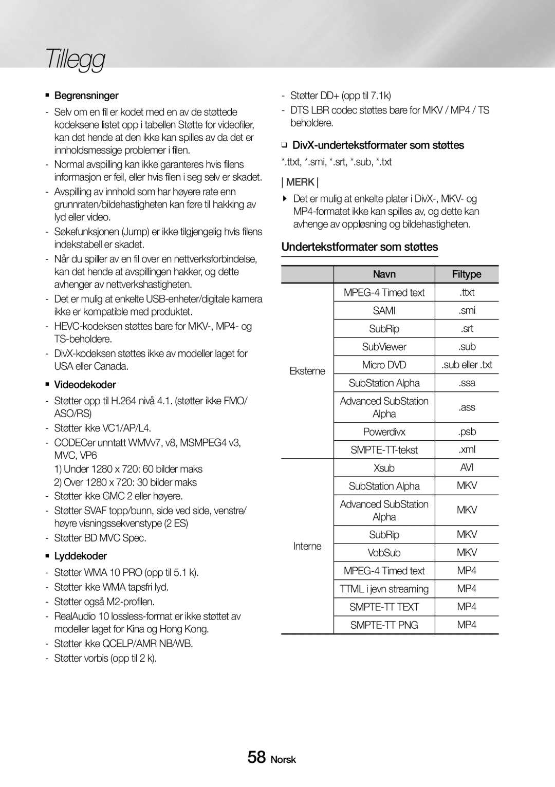 Samsung UBD-M9500/XE manual Undertekstformater som støttes, `` Begrensninger, Støtter BD MVC Spec. `` Lyddekoder 