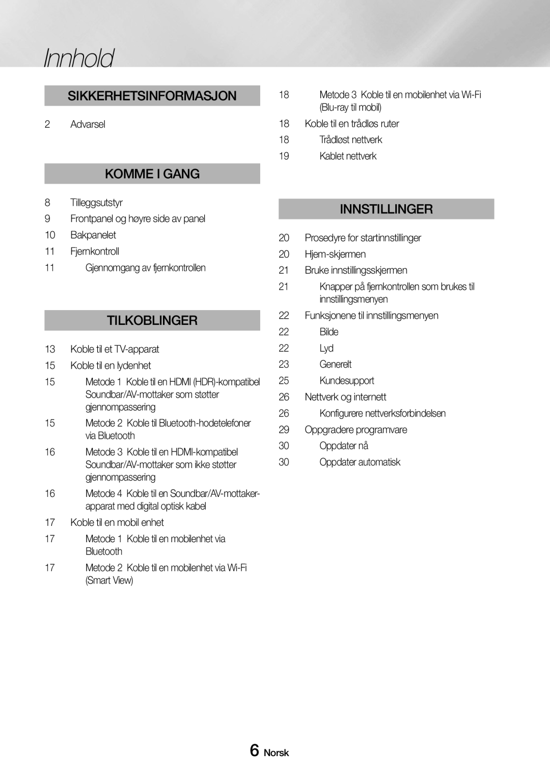 Samsung UBD-M9500/XE manual Innhold, Koble til et TV-apparat Koble til en lydenhet 