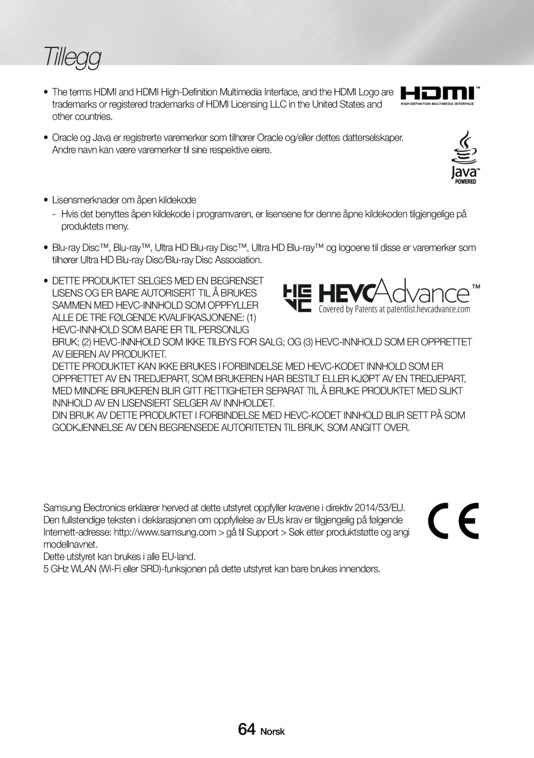 Samsung UBD-M9500/XE manual Tillegg 