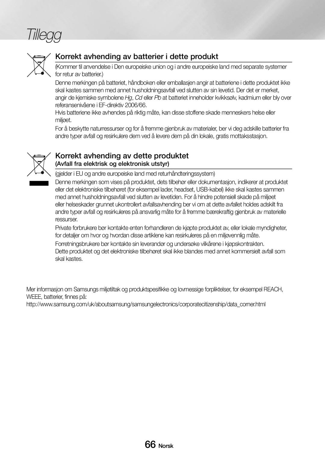 Samsung UBD-M9500/XE manual Korrekt avhending av batterier i dette produkt 