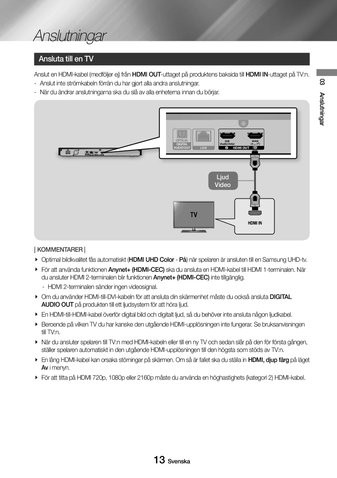 Samsung UBD-M9500/XE manual Ansluta till en TV, Anslutningar Svenska 