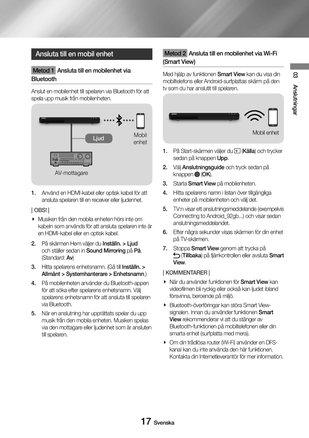 Samsung UBD-M9500/XE manual Ansluta till en mobil enhet, Mobil, AV-mottagare 