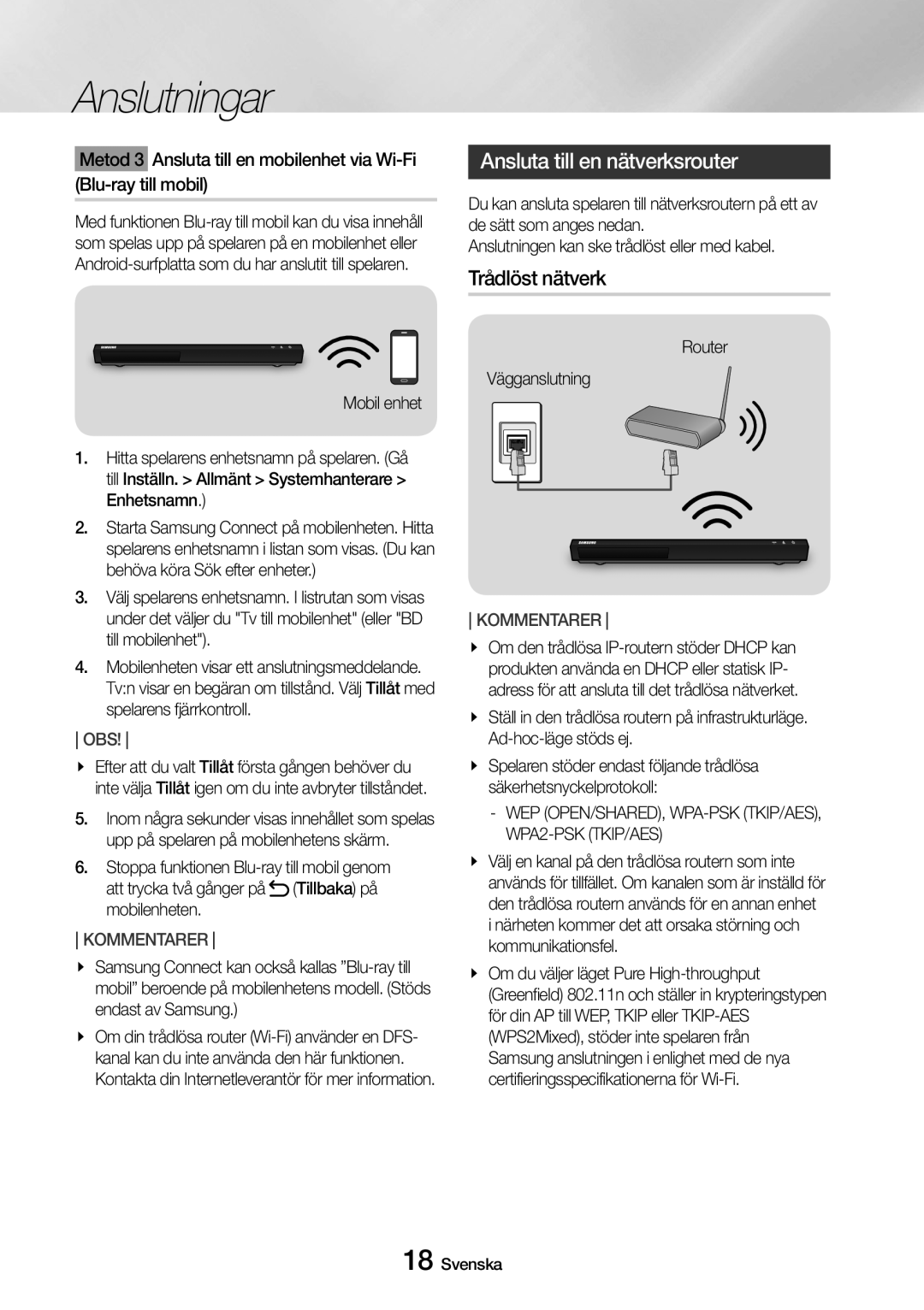 Samsung UBD-M9500/XE manual Ansluta till en nätverksrouter, Trådlöst nätverk, Router Vägganslutning 