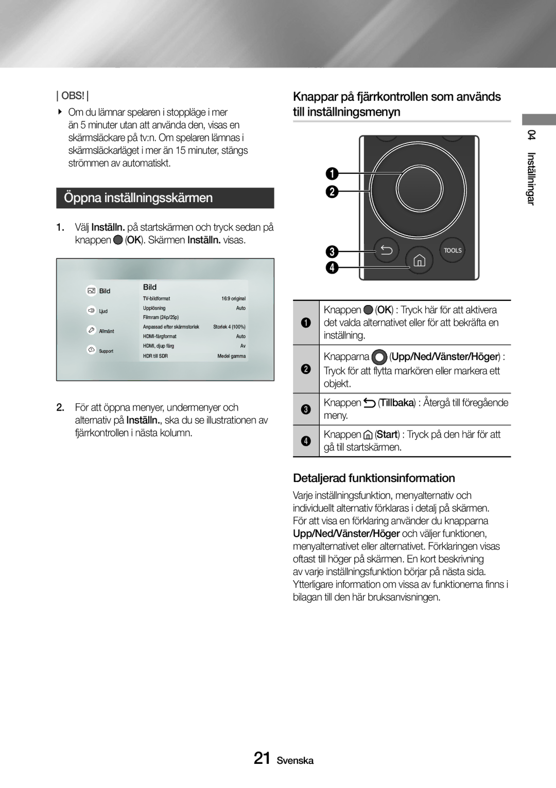 Samsung UBD-M9500/XE Öppna inställningsskärmen, Detaljerad funktionsinformation, Knappen, Objekt, Gå till startskärmen 