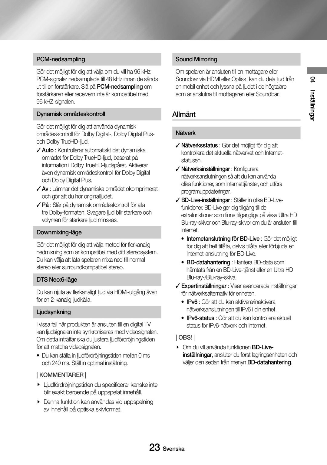 Samsung UBD-M9500/XE manual Allmänt, PCM-nedsampling, Dynamisk områdeskontroll, Downmixing-läge, Sound Mirroring 