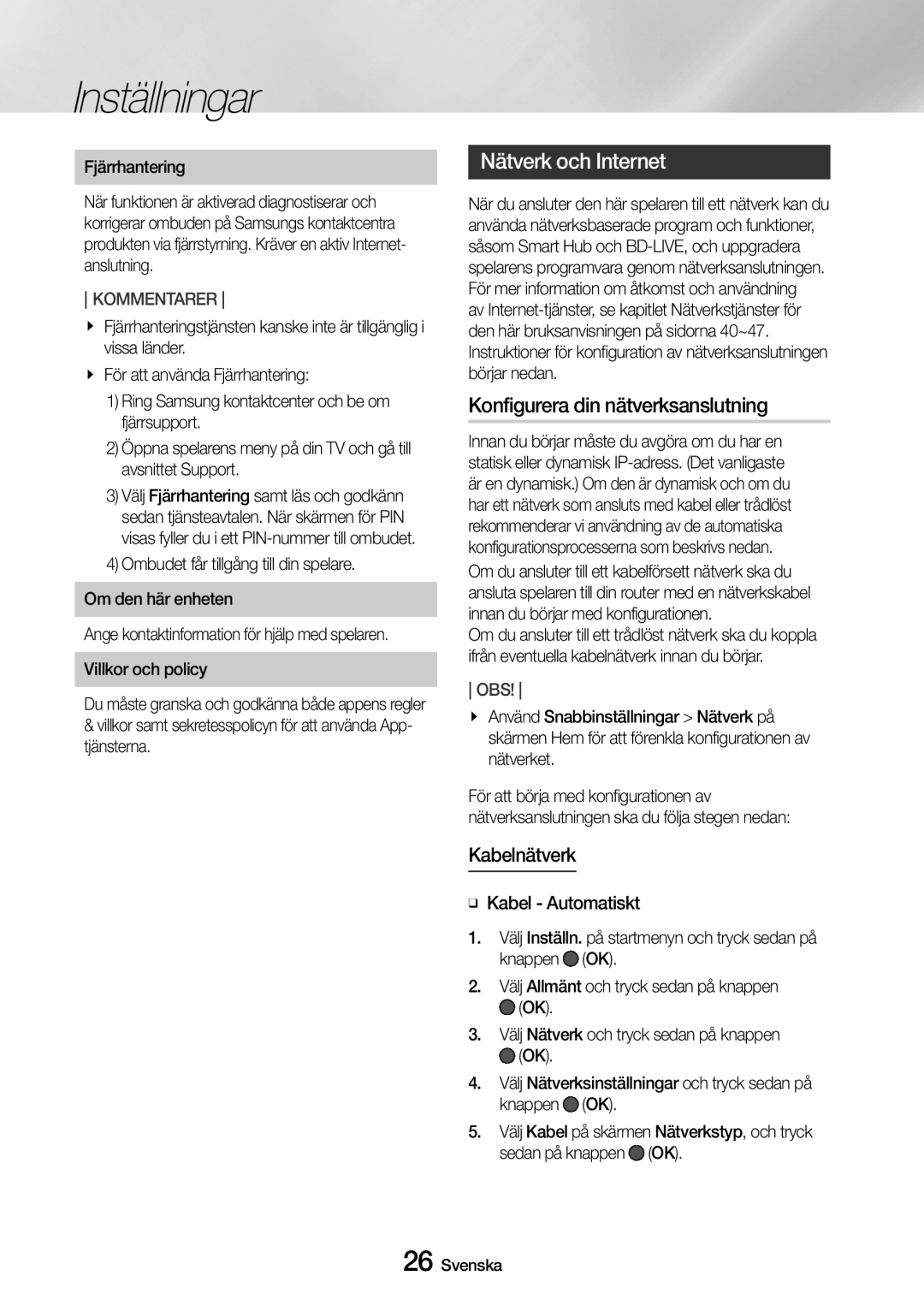 Samsung UBD-M9500/XE manual Nätverk och Internet, Konfigurera din nätverksanslutning, Kabelnätverk, Fjärrhantering 