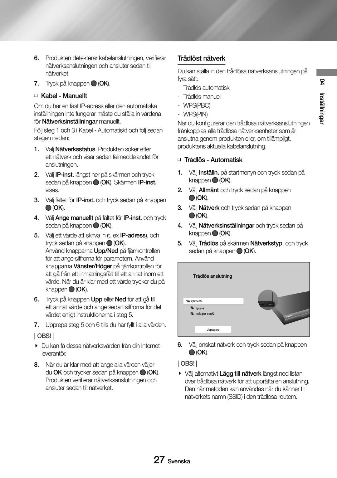 Samsung UBD-M9500/XE manual Trådlöst nätverk, Wpspin, Välj önskat nätverk och tryck sedan på knappen OK 