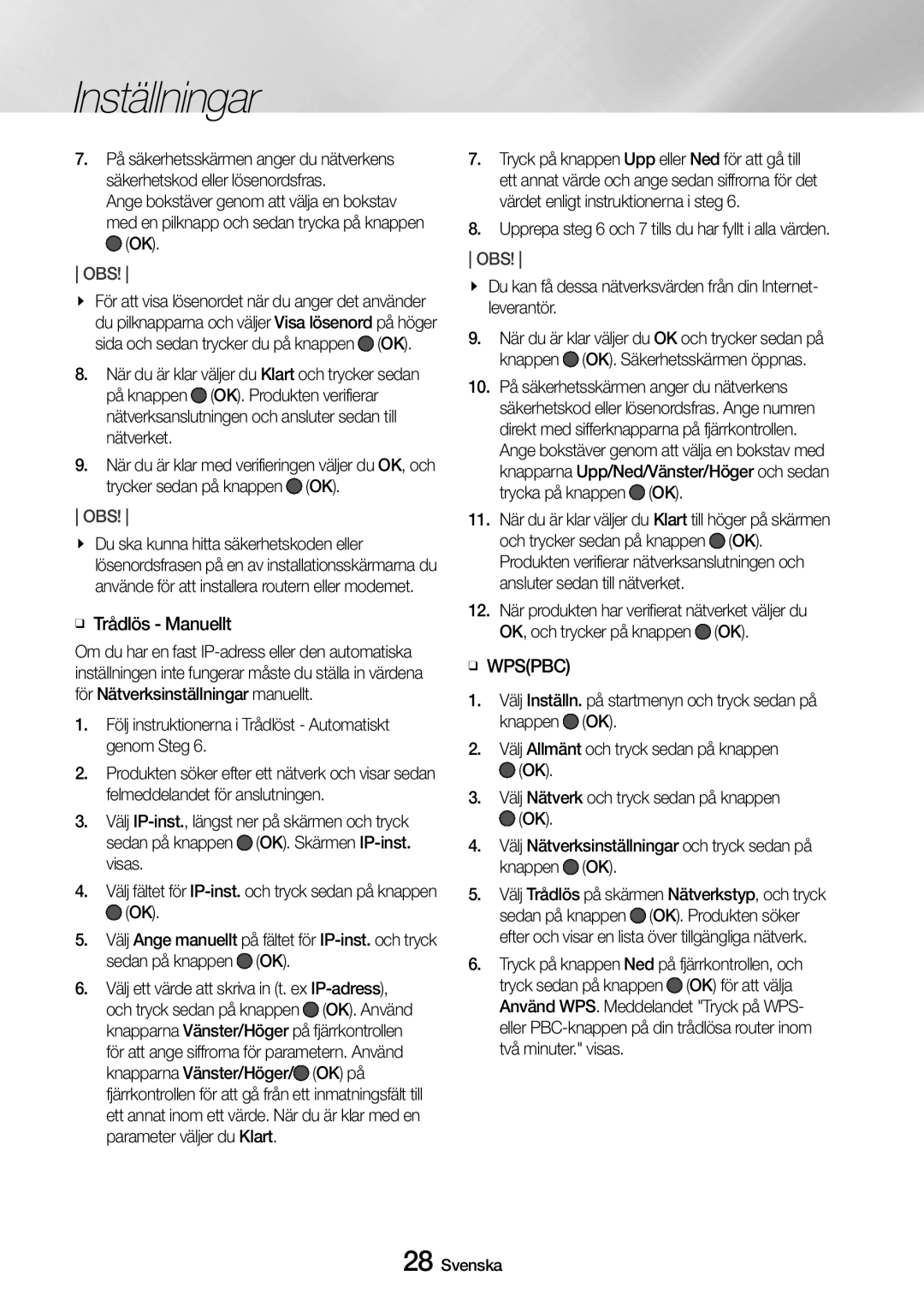 Samsung UBD-M9500/XE manual ĞĞ Trådlös Manuellt, Följ instruktionerna i Trådlöst Automatiskt genom Steg, ĞĞ Wpspbc 