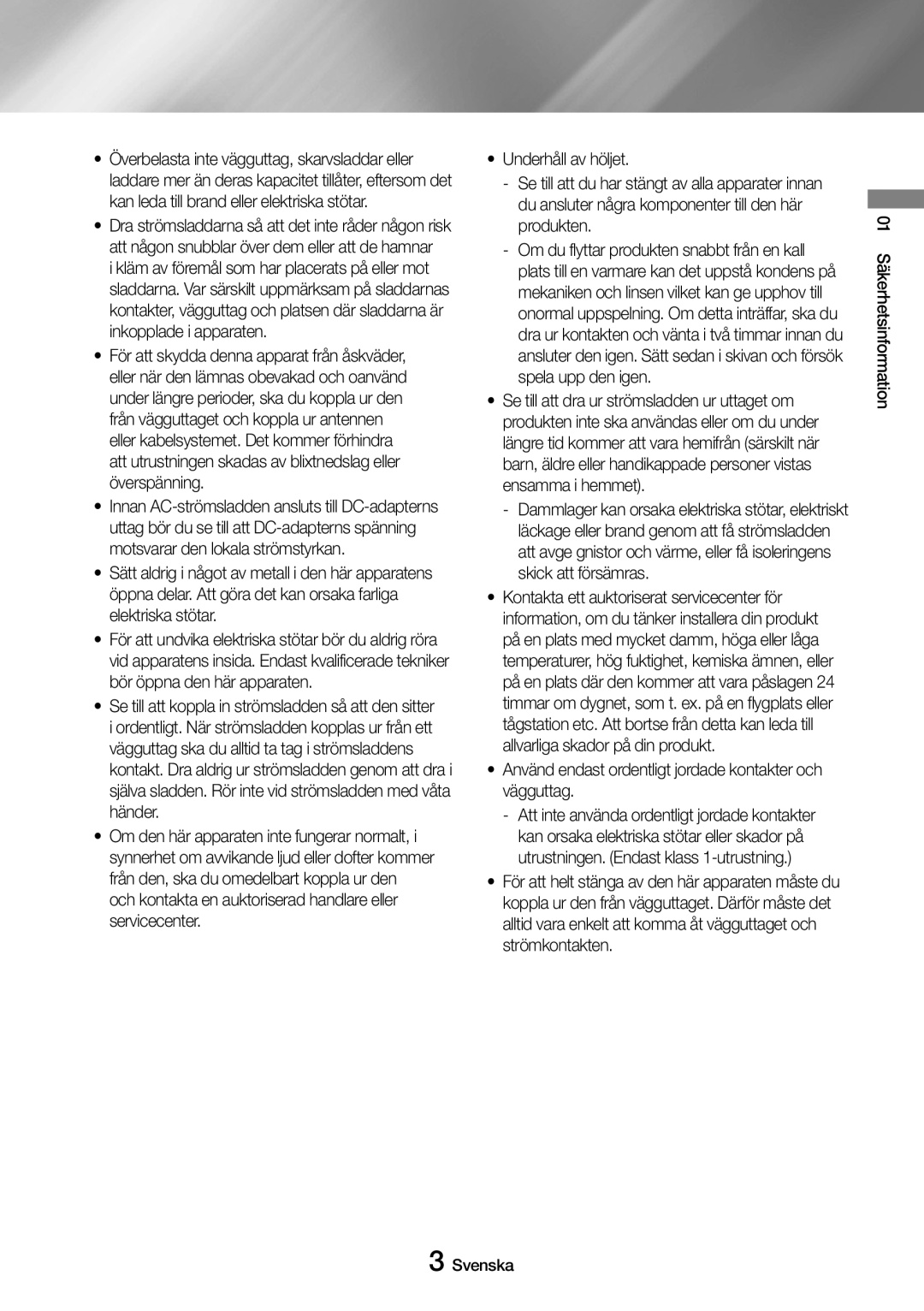 Samsung UBD-M9500/XE manual Använd endast ordentligt jordade kontakter och vägguttag, 01 Säkerhetsinformation Svenska 