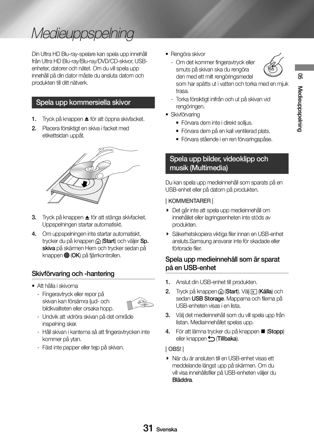 Samsung UBD-M9500/XE manual Medieuppspelning, Spela upp kommersiella skivor, Skivförvaring och -hantering 