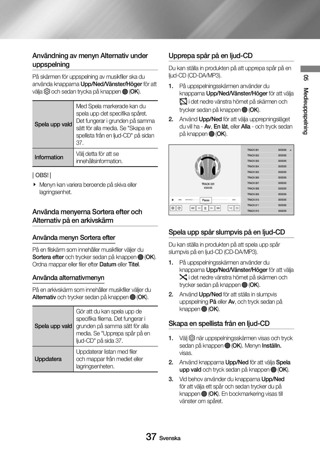 Samsung UBD-M9500/XE manual Användning av menyn Alternativ under uppspelning, Upprepa spår på en ljud-CD 