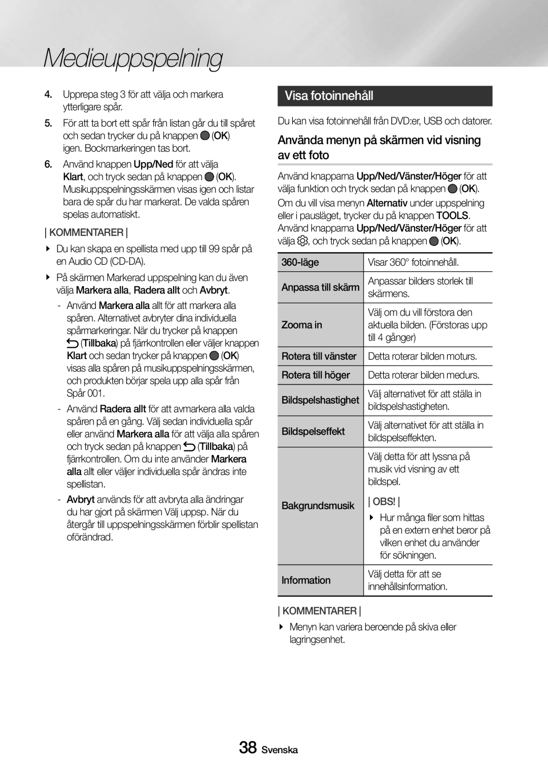 Samsung UBD-M9500/XE manual Visa fotoinnehåll, Använda menyn på skärmen vid visning av ett foto 