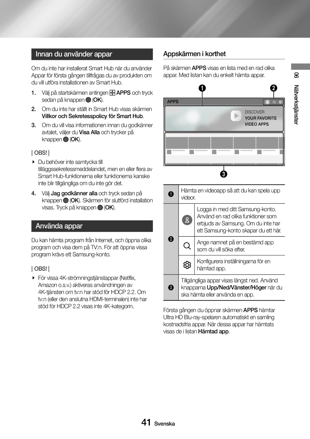 Samsung UBD-M9500/XE manual Innan du använder appar, Använda appar, Appskärmen i korthet 