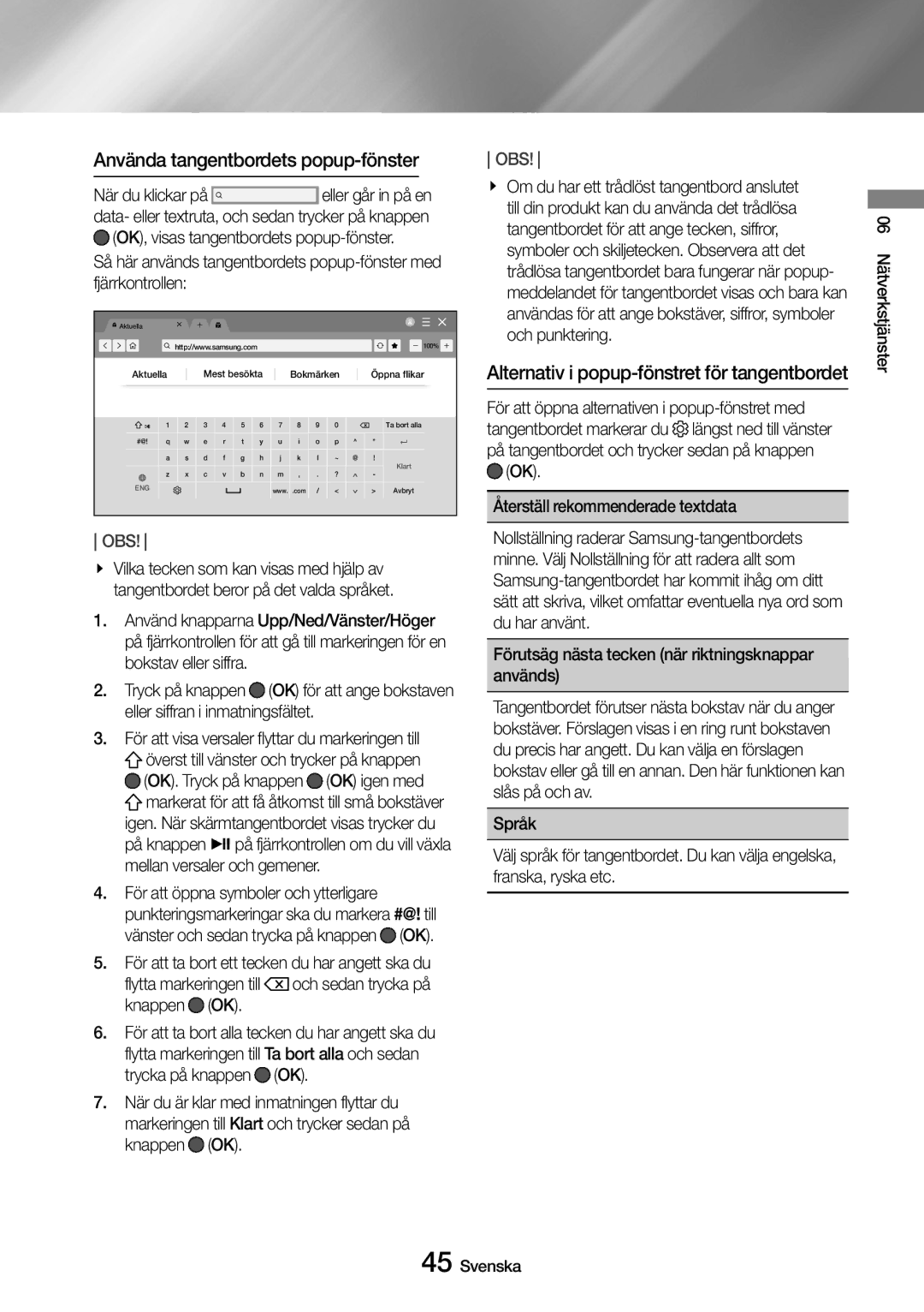 Samsung UBD-M9500/XE manual Använda tangentbordets popup-fönster, Alternativ i popup-fönstret för tangentbordet 