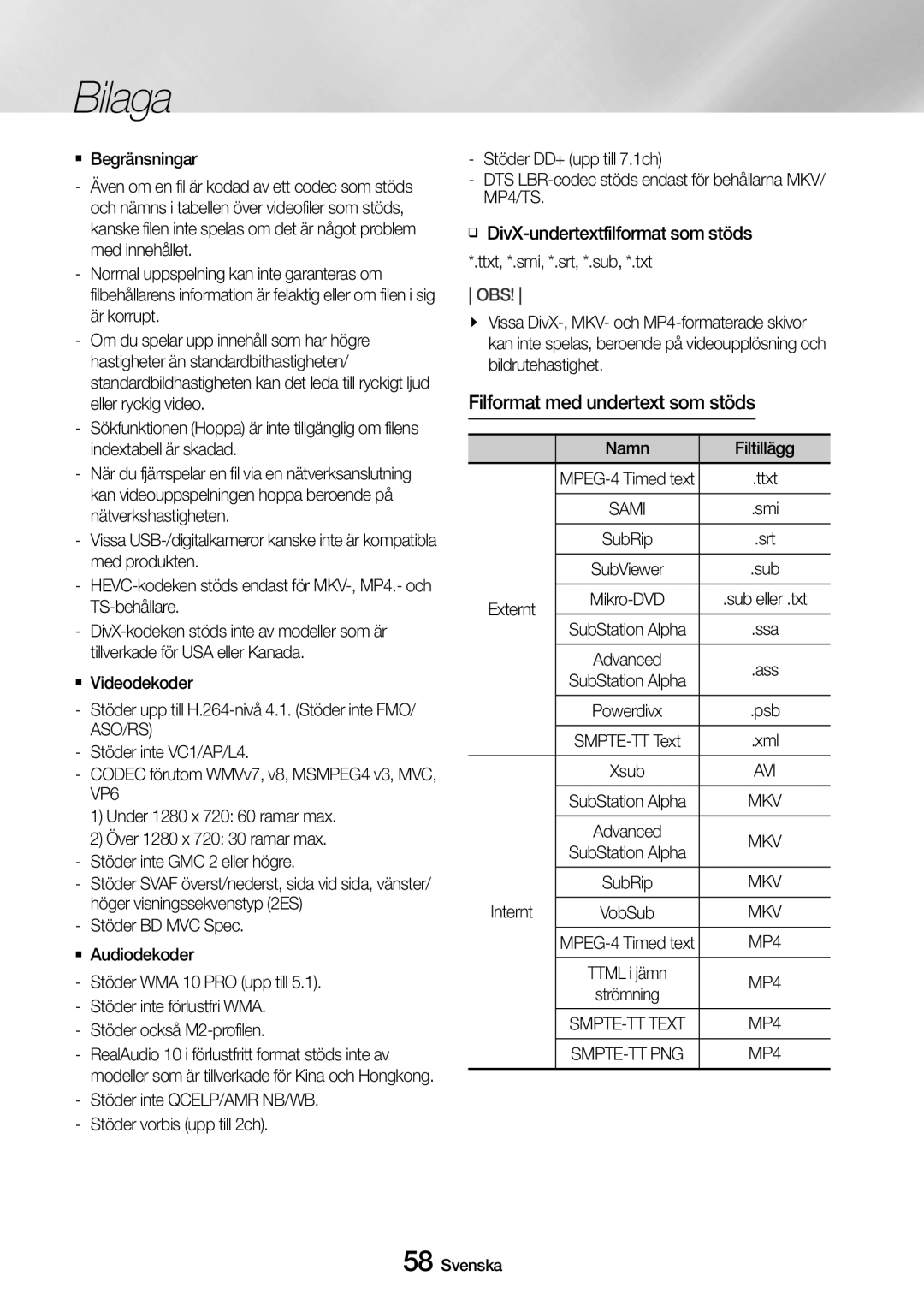 Samsung UBD-M9500/XE manual Filformat med undertext som stöds 