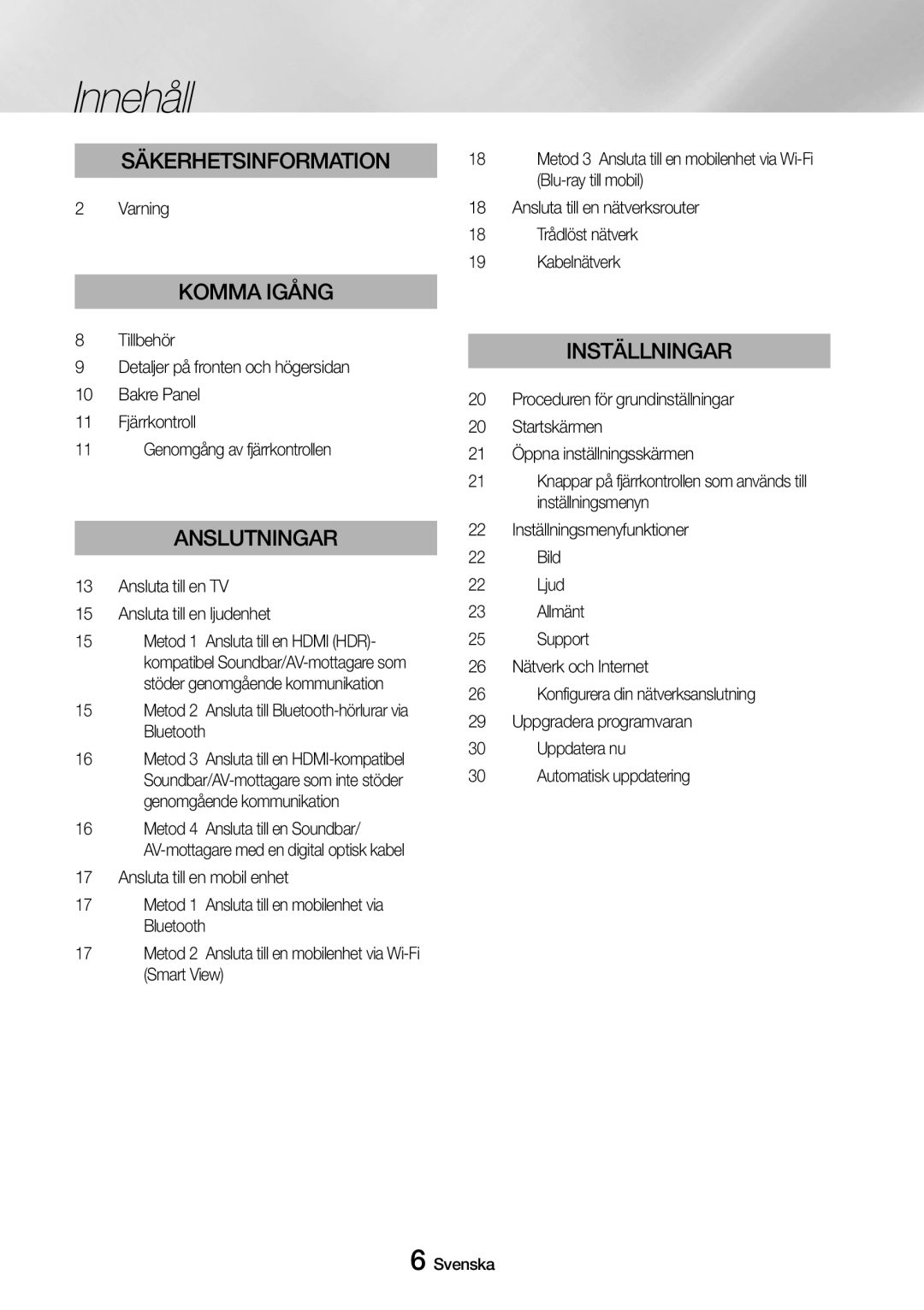 Samsung UBD-M9500/XE manual Innehåll, Varning, Ansluta till en TV Ansluta till en ljudenhet 