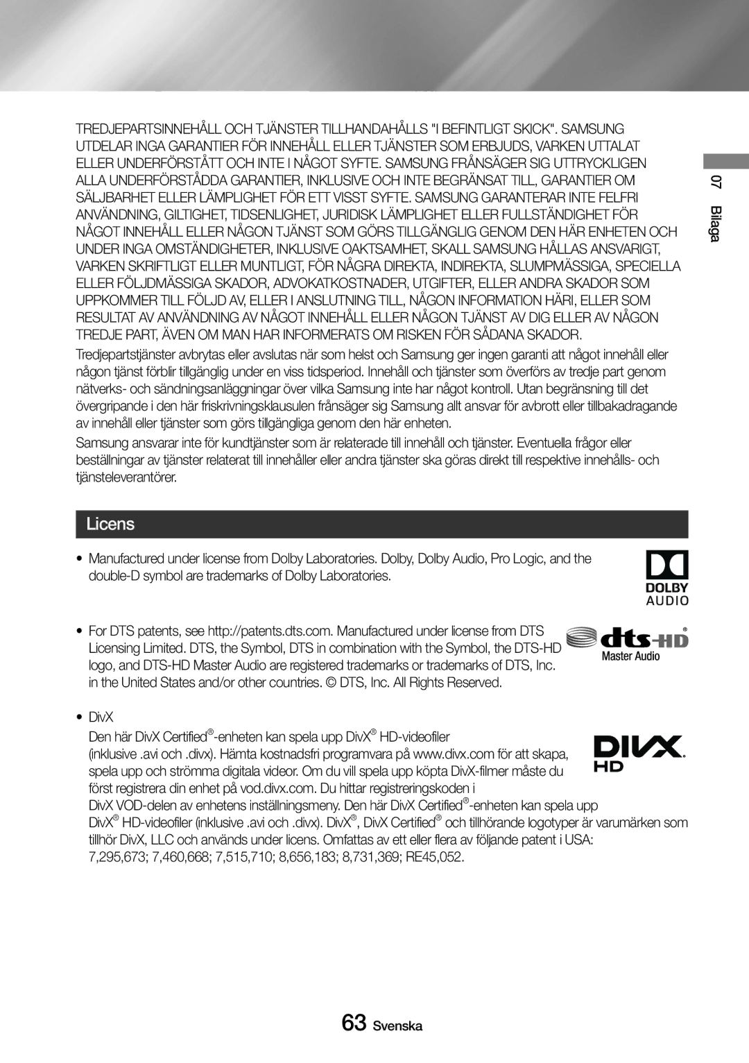 Samsung UBD-M9500/XE manual Licens, 295,673 7,460,668 7,515,710 8,656,183 8,731,369 RE45,052 