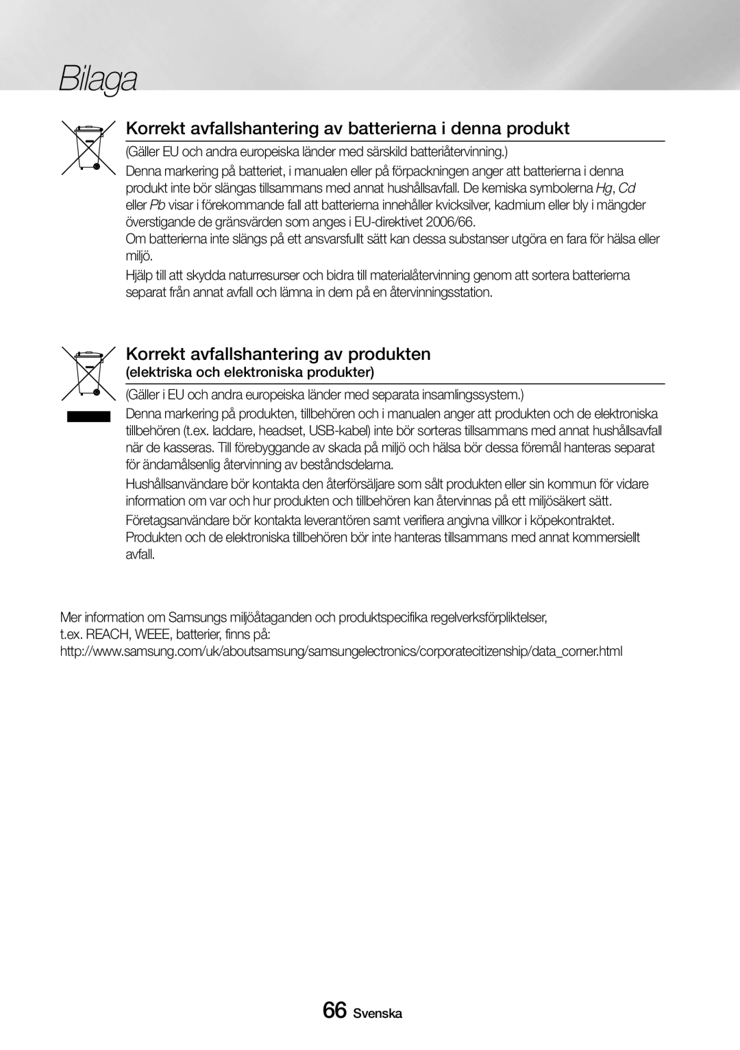 Samsung UBD-M9500/XE manual Korrekt avfallshantering av batterierna i denna produkt, Korrekt avfallshantering av produkten 