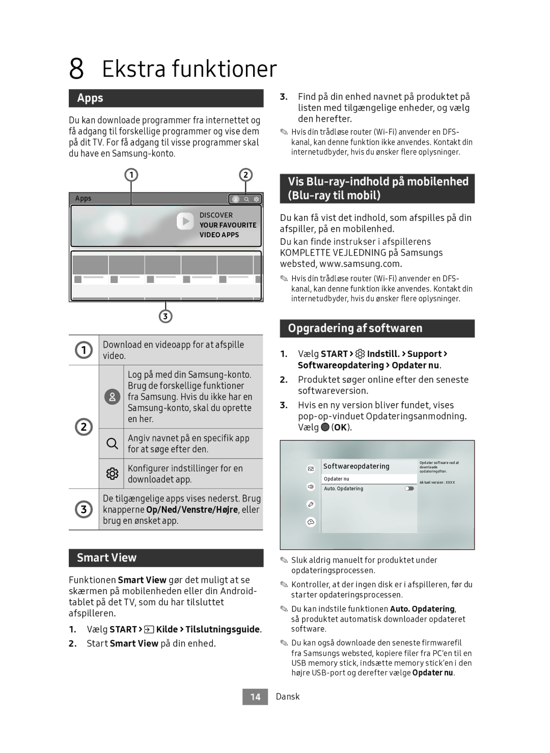 Samsung UBD-M9500/XE manual Ekstra funktioner, Apps, Smart View, Vis Blu-ray-indhold på mobilenhed Blu-ray til mobil 