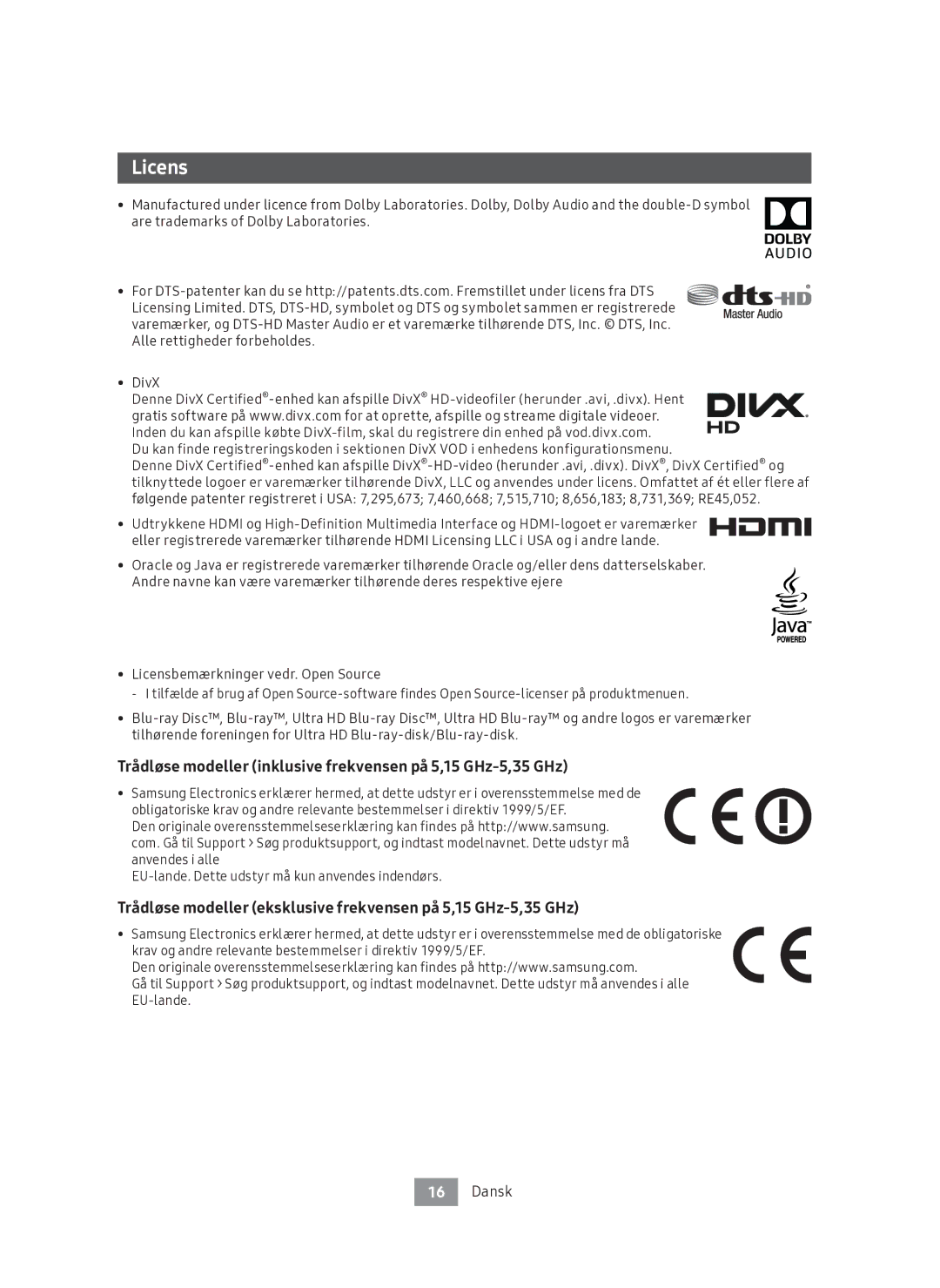 Samsung UBD-M9500/XE manual Licens, Trådløse modeller inklusive frekvensen på 5,15 GHz-5,35 GHz 