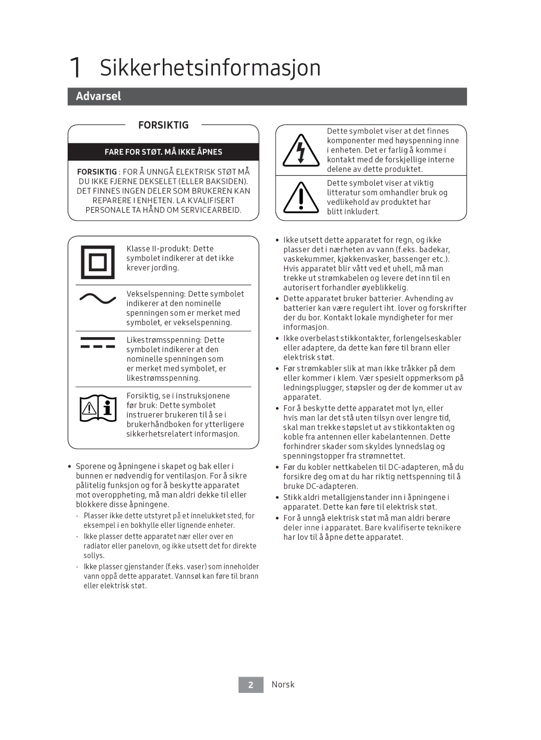 Samsung UBD-M9500/XE manual Sikkerhetsinformasjon, Forsiktig 