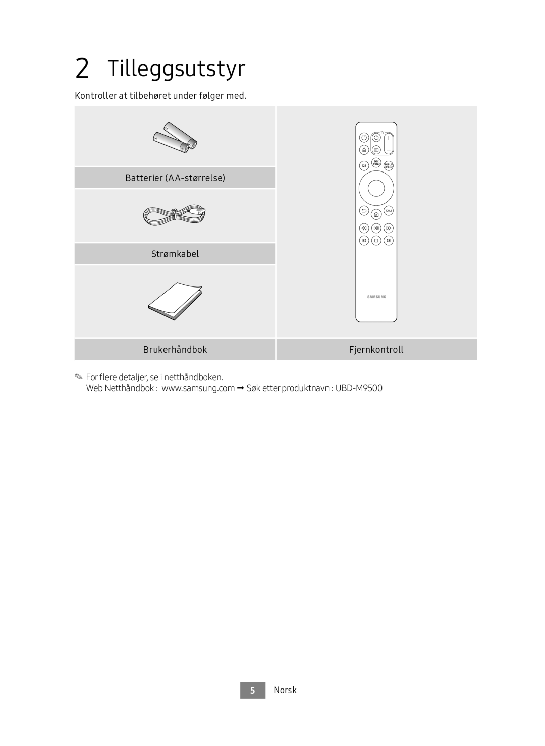 Samsung UBD-M9500/XE manual Tilleggsutstyr 