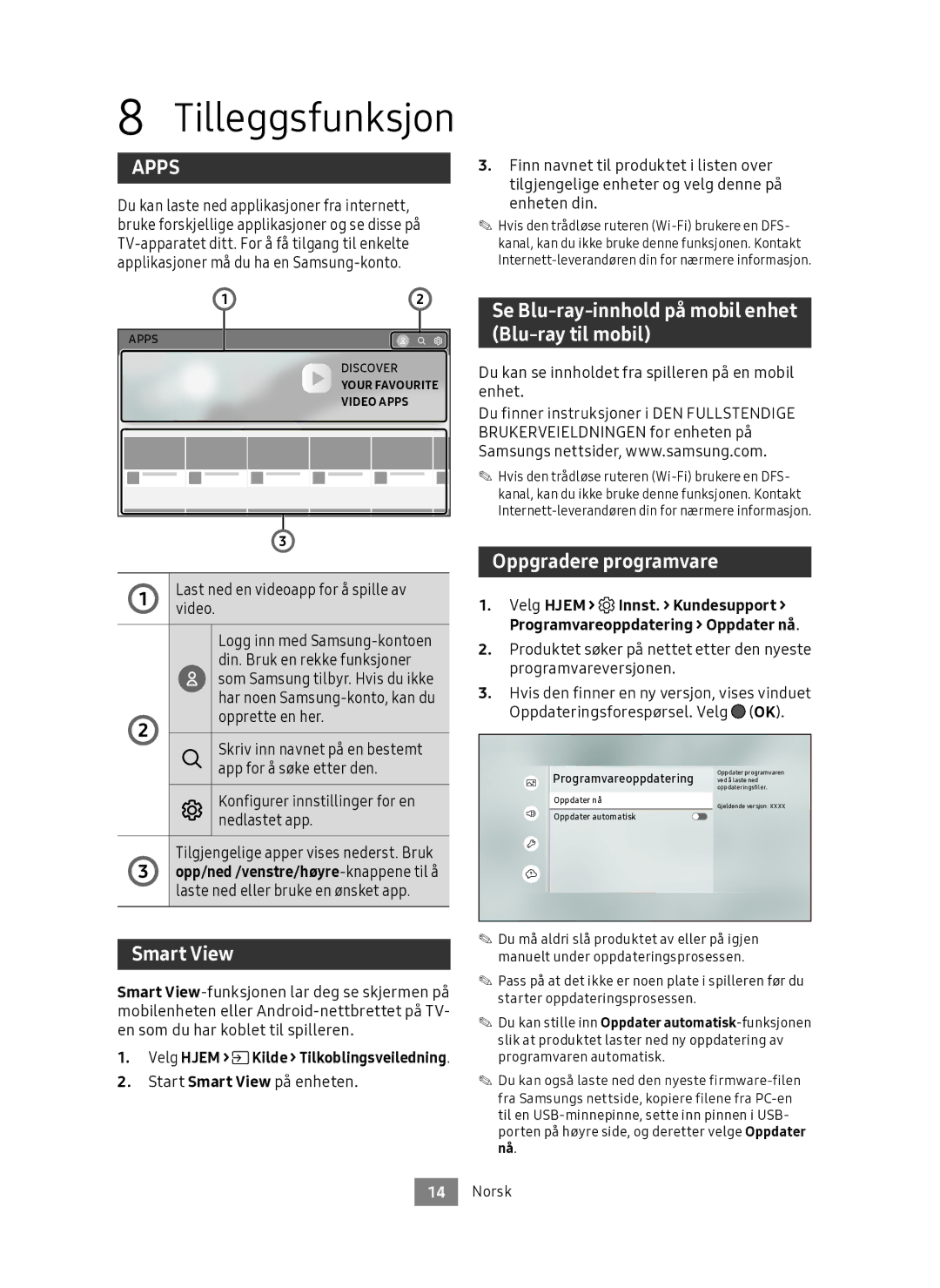 Samsung UBD-M9500/XE manual Tilleggsfunksjon, Se Blu-ray-innhold på mobil enhet Blu-ray til mobil, Oppgradere programvare 