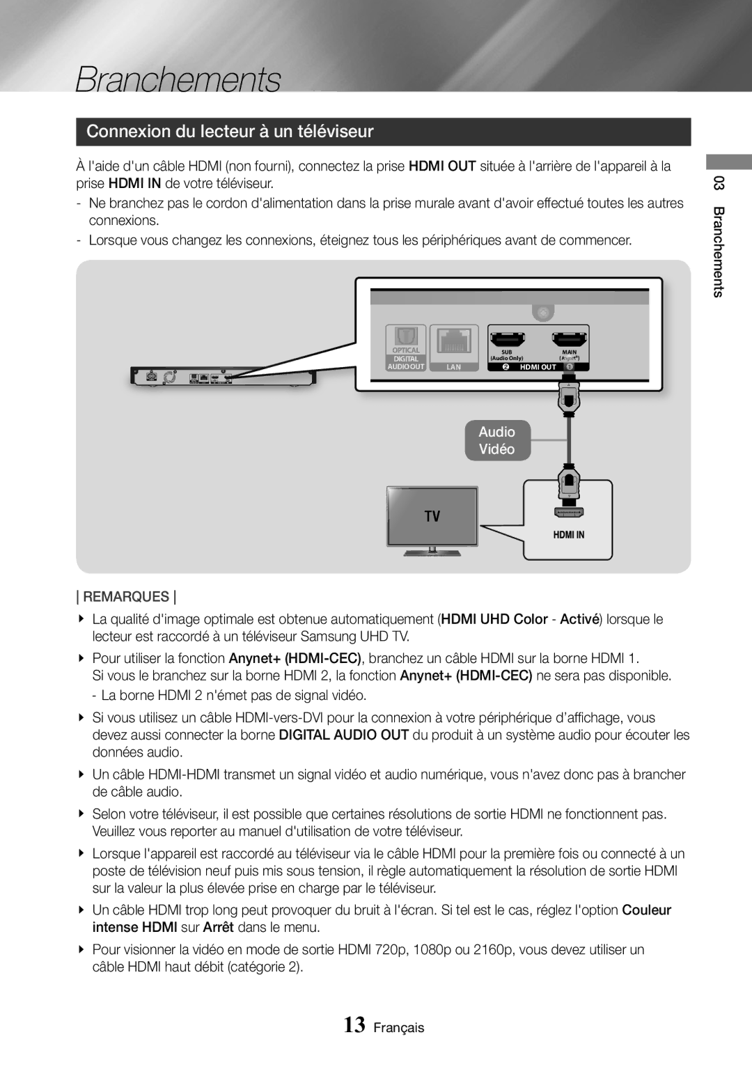 Samsung UBD-M9500/ZF manual Branchements, Connexion du lecteur à un téléviseur 