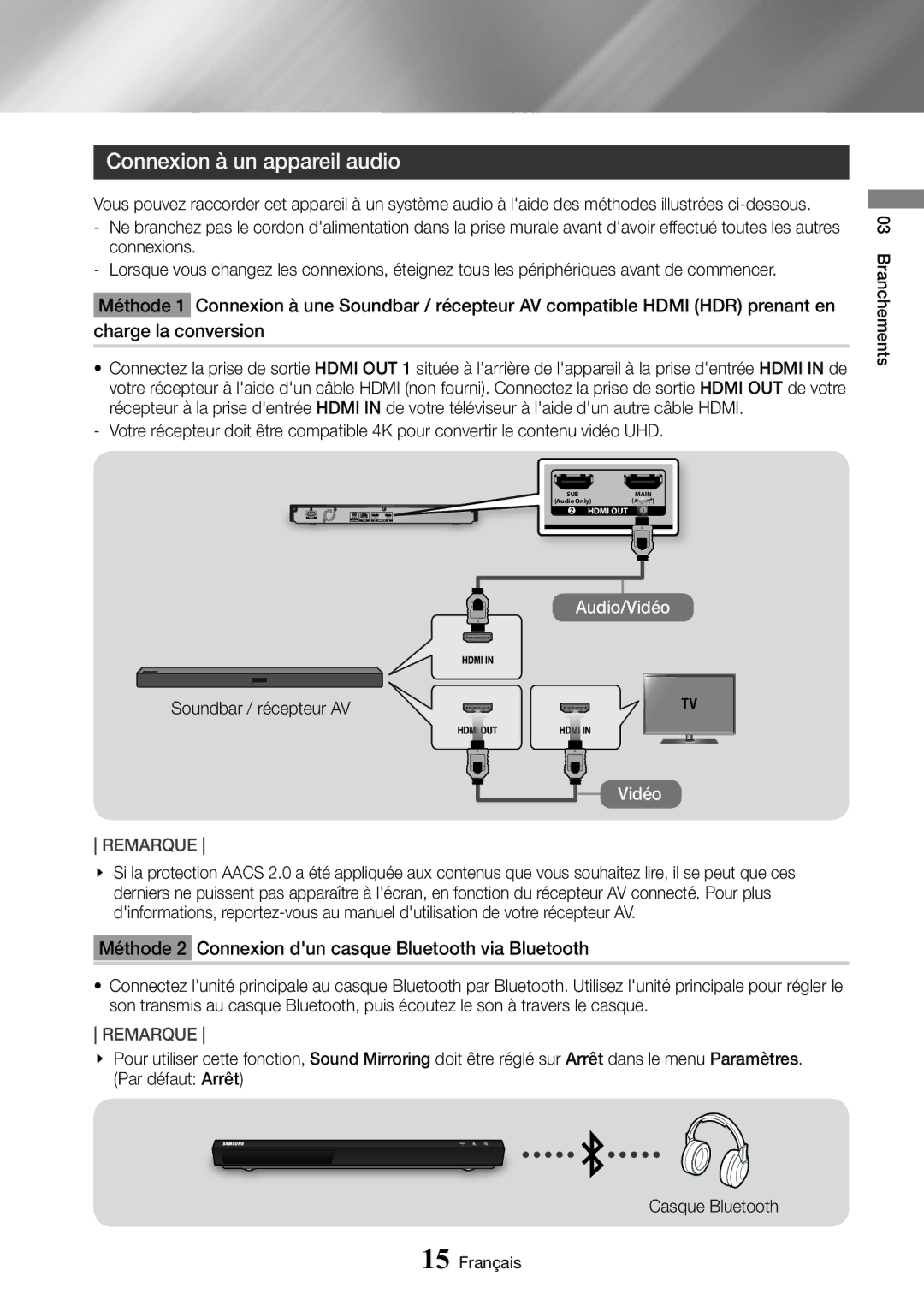 Samsung UBD-M9500/ZF manual Connexion à un appareil audio, Soundbar / récepteur AV 