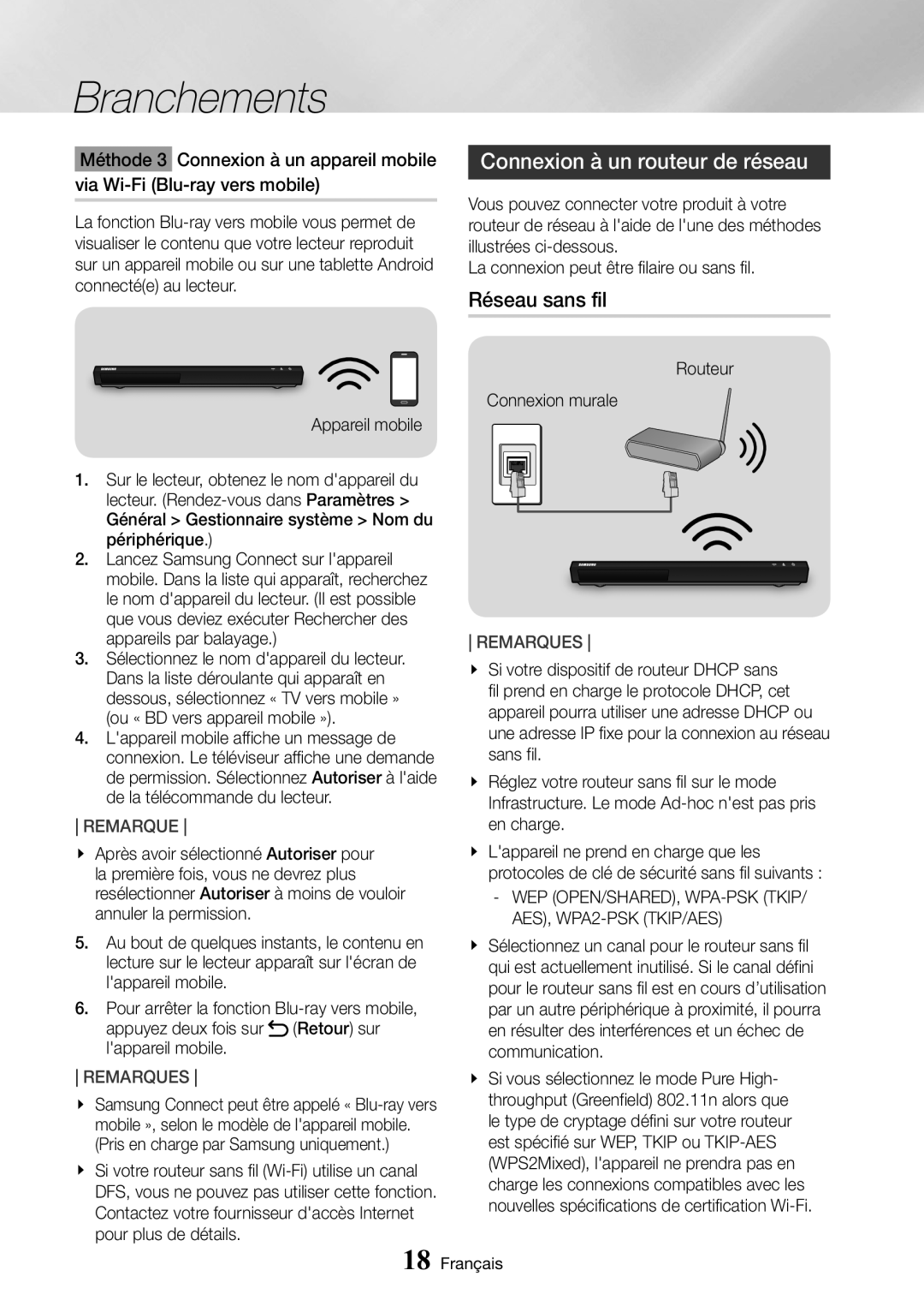 Samsung UBD-M9500/ZF manual Connexion à un routeur de réseau, Réseau sans fil, WEP OPEN/SHARED, WPA-PSK Tkip 