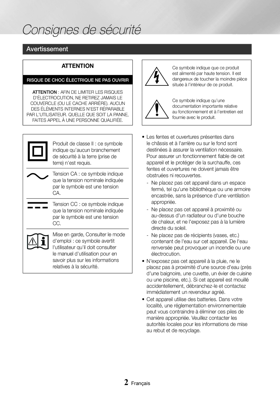 Samsung UBD-M9500/ZF manual Consignes de sécurité, Avertissement 