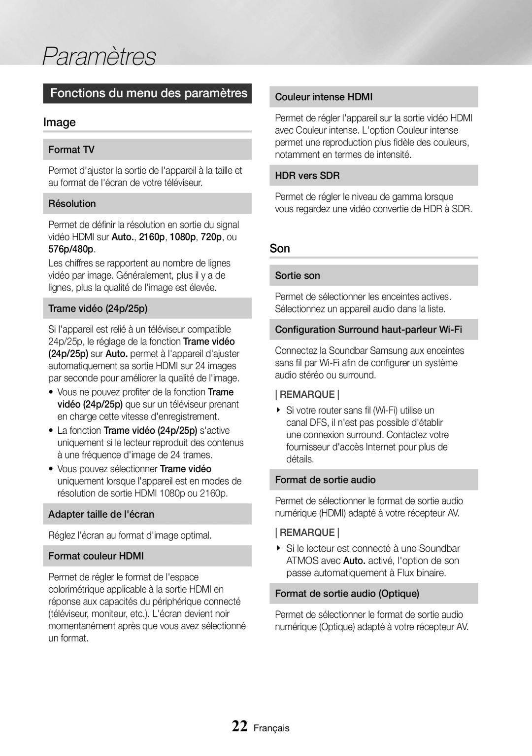 Samsung UBD-M9500/ZF manual Fonctions du menu des paramètres, Image, Son 