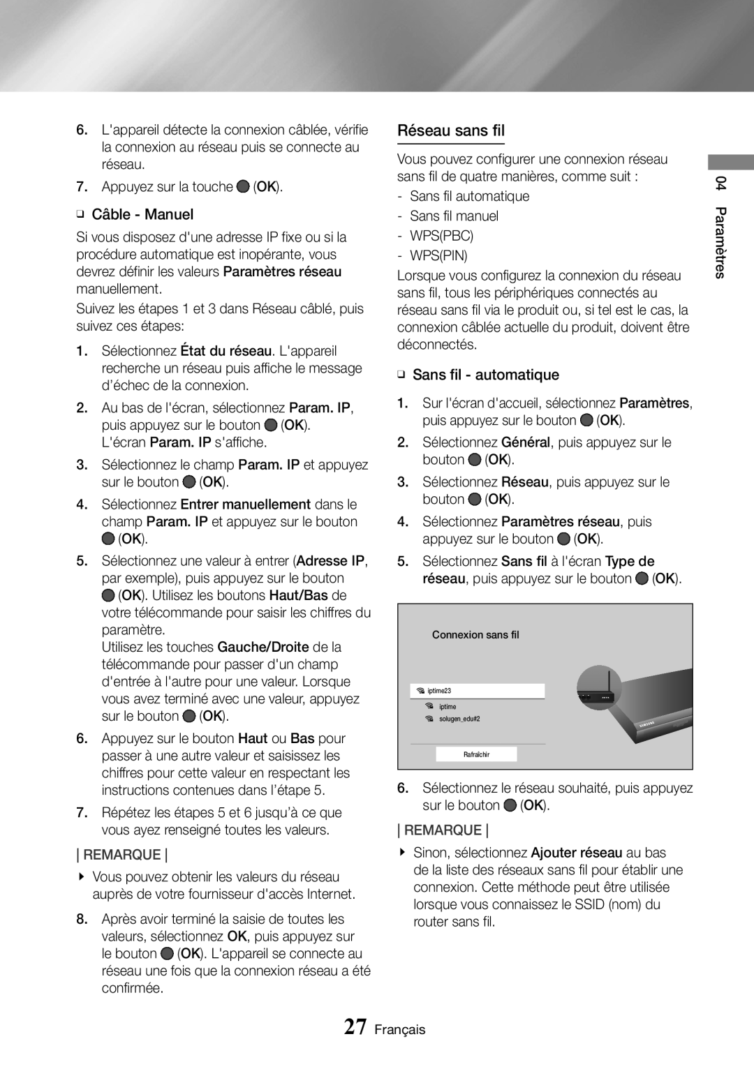 Samsung UBD-M9500/ZF manual Réseau sans fil, Wpspbc Wpspin, ĞĞ Sans fil automatique 