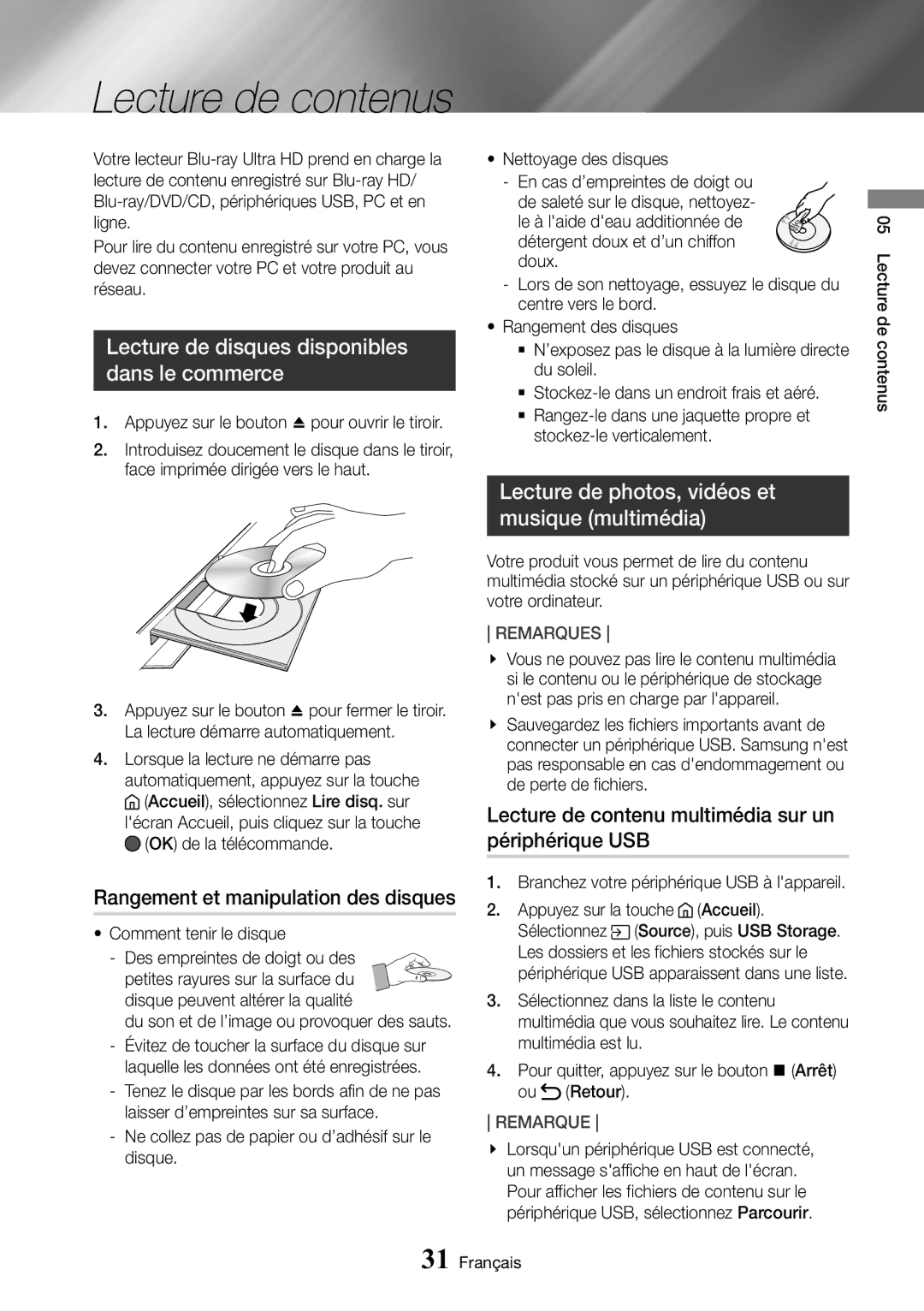 Samsung UBD-M9500/ZF manual Lecture de disques disponibles dans le commerce, Rangement et manipulation des disques 