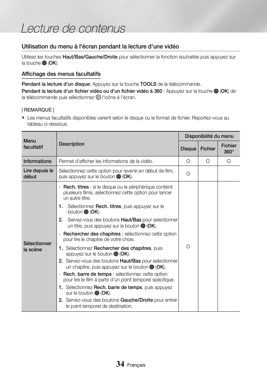 Samsung UBD-M9500/ZF manual Lecture de contenus, Utilisation du menu à lécran pendant la lecture dune vidéo 