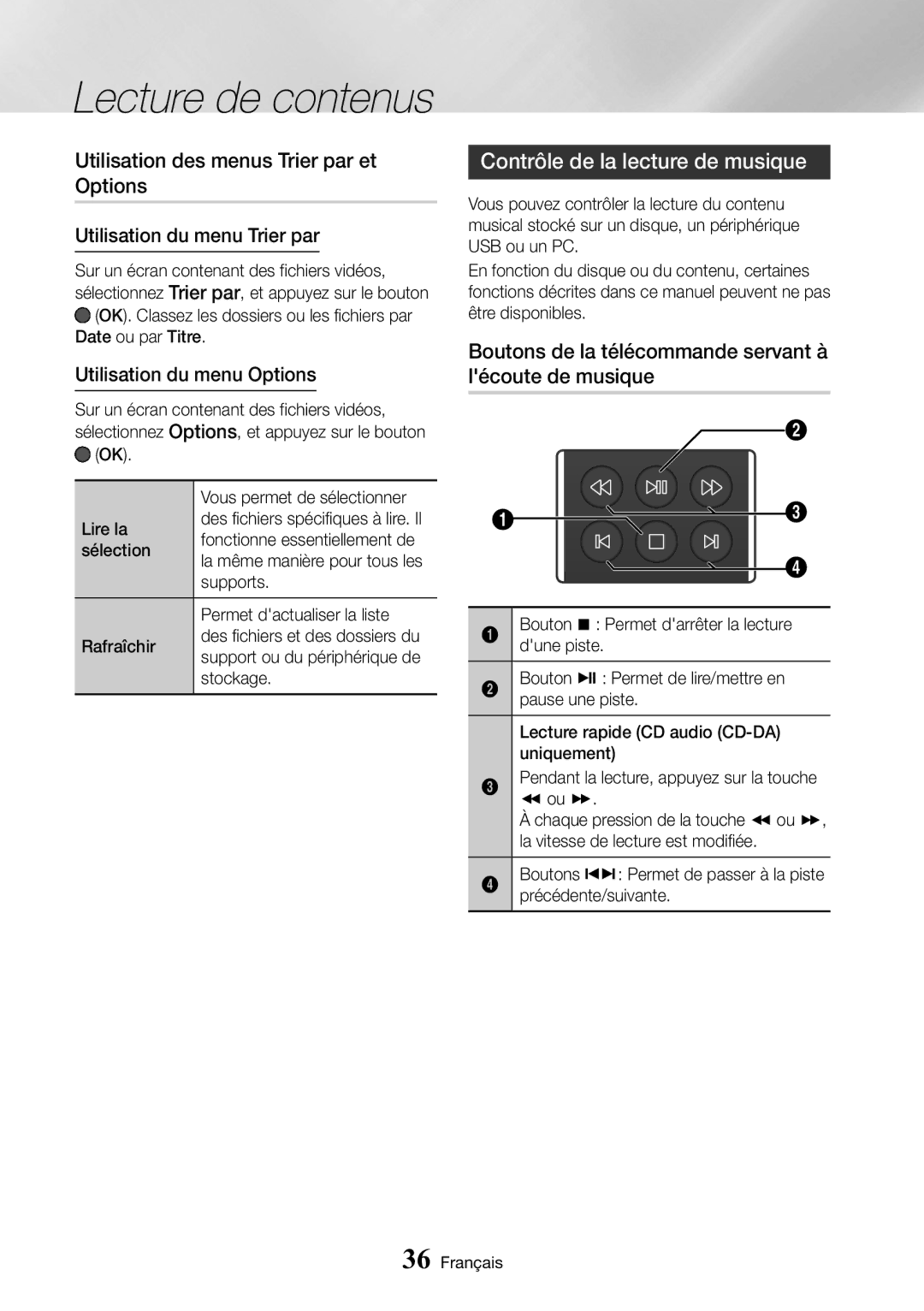 Samsung UBD-M9500/ZF manual Utilisation des menus Trier par et Options, Contrôle de la lecture de musique 