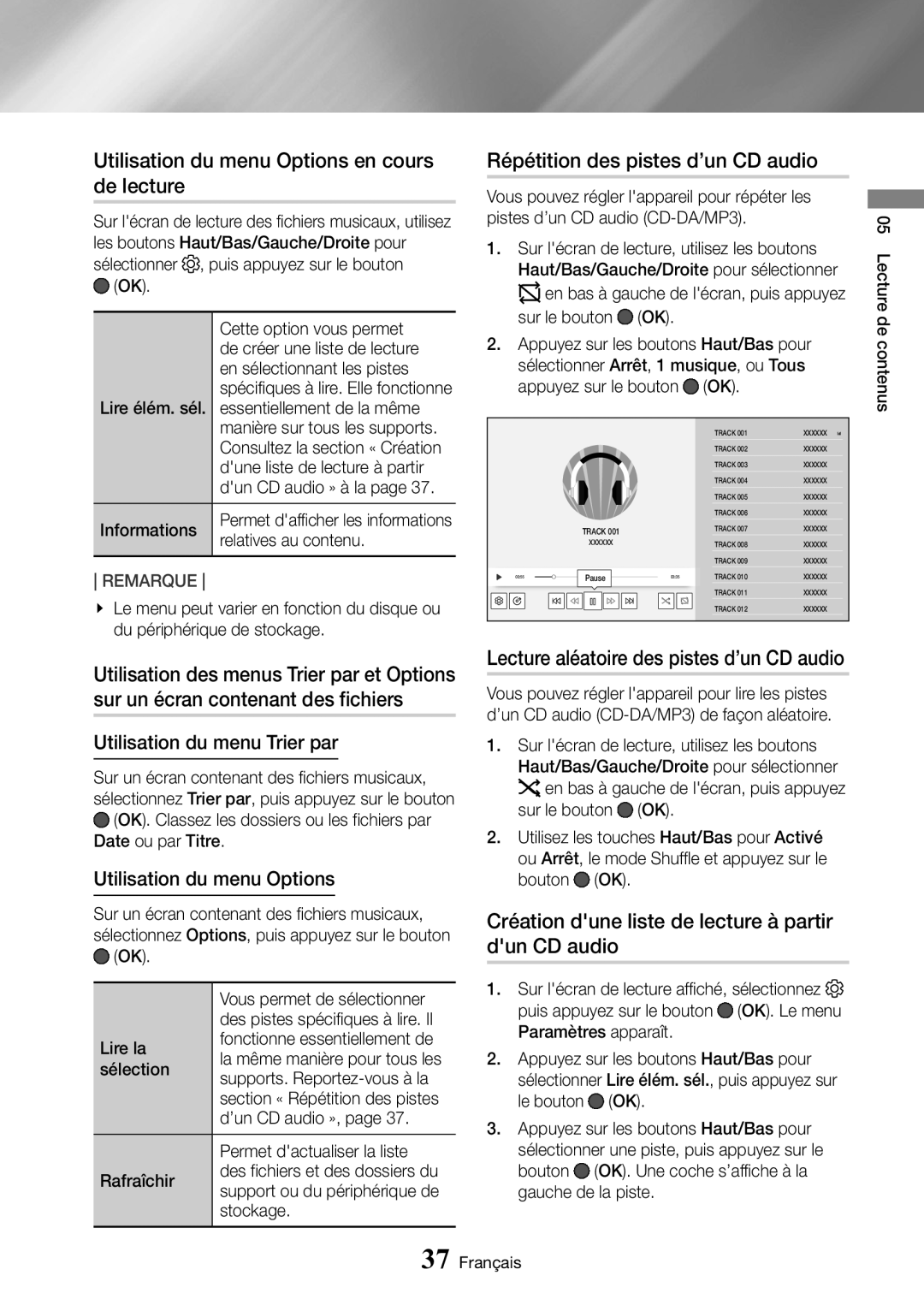 Samsung UBD-M9500/ZF manual Utilisation du menu Options en cours de lecture, Répétition des pistes d’un CD audio 