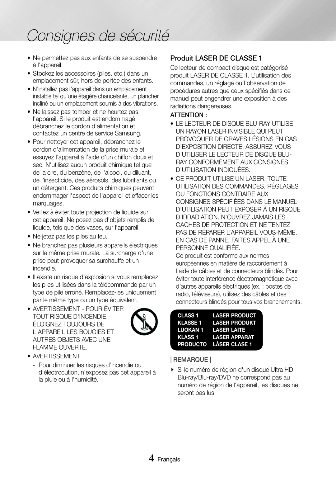 Samsung UBD-M9500/ZF manual Produit Laser DE Classe, Ne permettez pas aux enfants de se suspendre à lappareil 