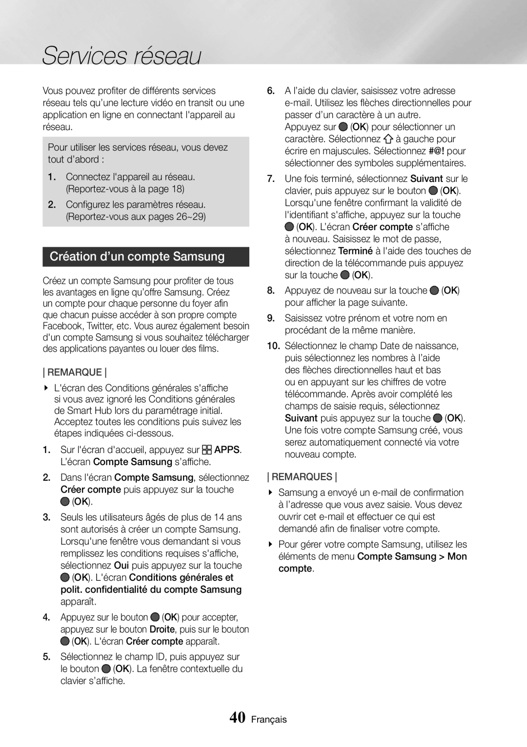 Samsung UBD-M9500/ZF manual Services réseau, Création d’un compte Samsung, Nouveau compte 