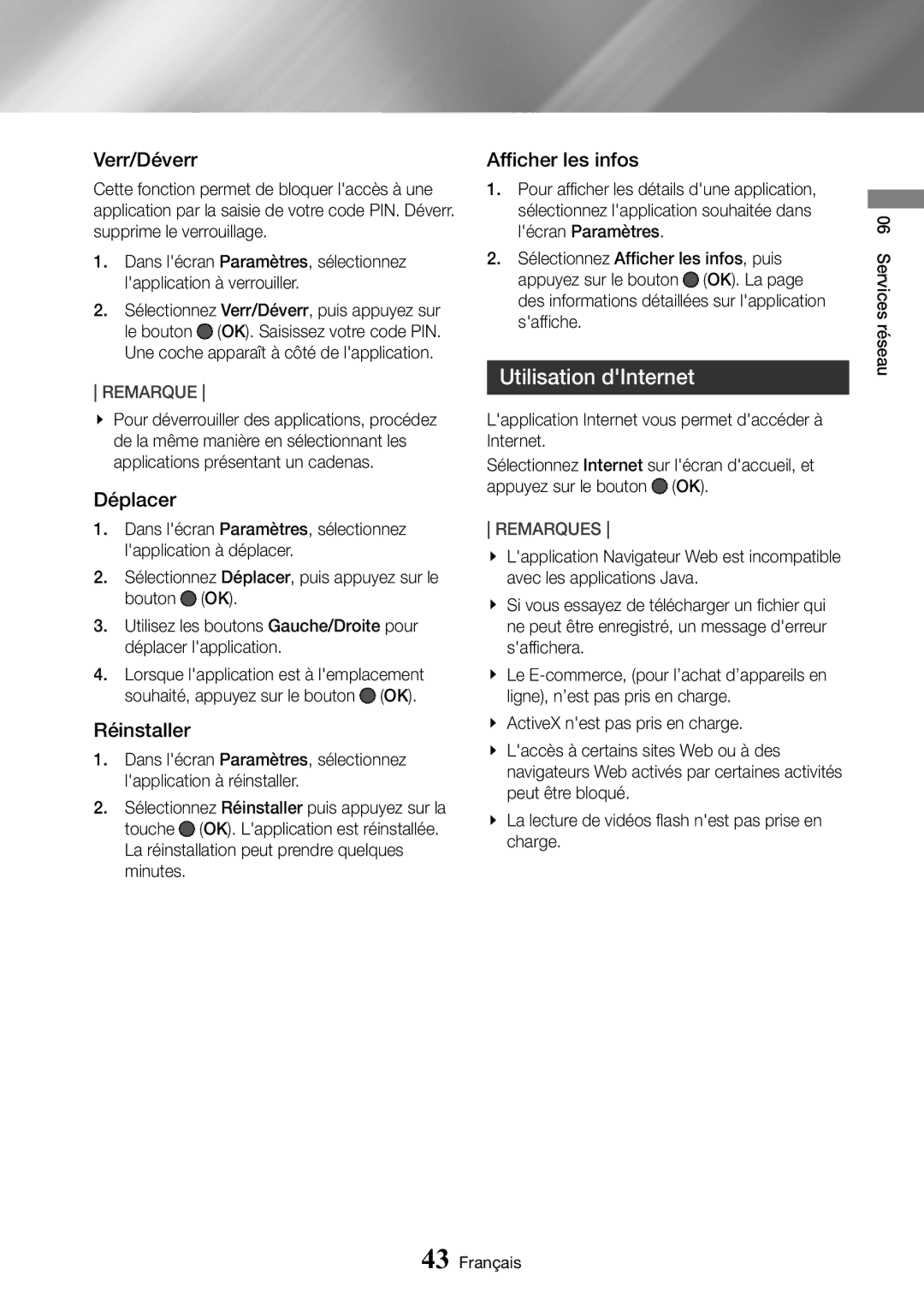 Samsung UBD-M9500/ZF manual Verr/Déverr, Déplacer, Réinstaller, Afficher les infos 