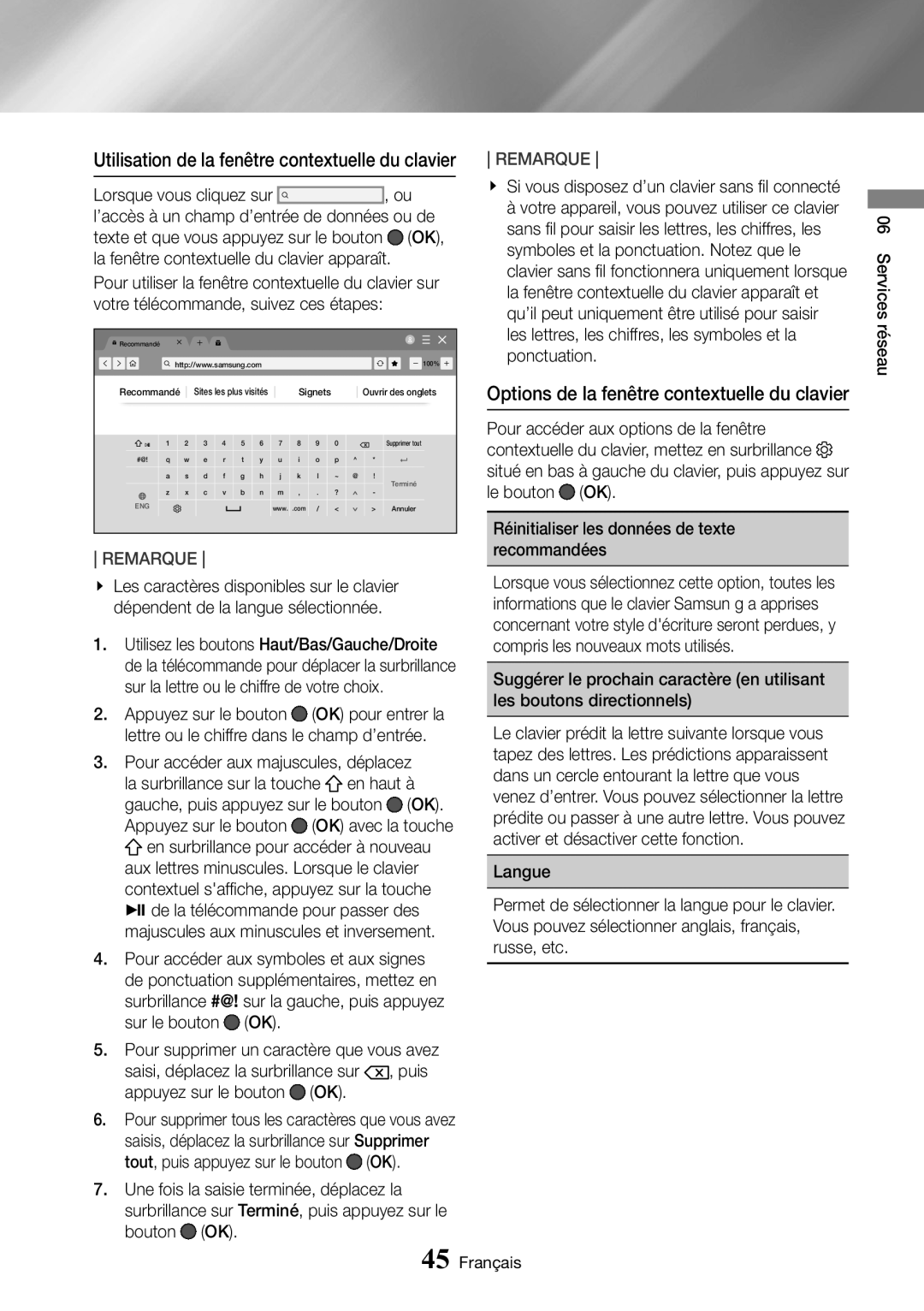 Samsung UBD-M9500/ZF manual Utilisation de la fenêtre contextuelle du clavier, La fenêtre contextuelle du clavier apparaît 