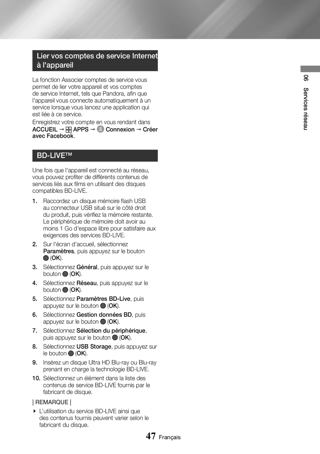 Samsung UBD-M9500/ZF manual Lier vos comptes de service Internet à lappareil 