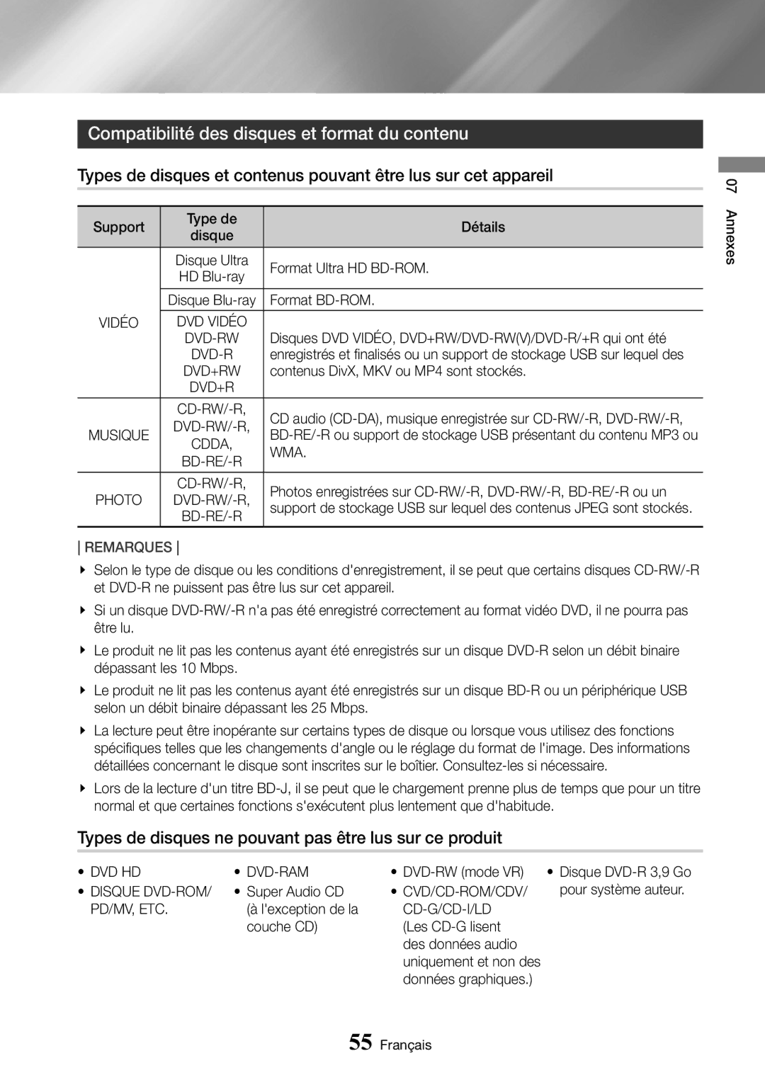 Samsung UBD-M9500/ZF manual Compatibilité des disques et format du contenu 