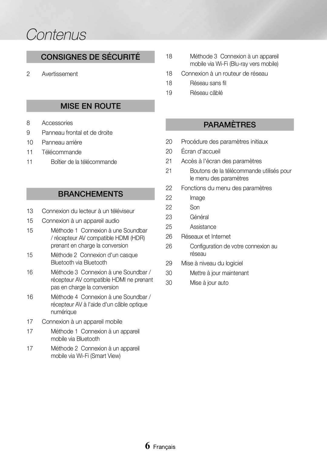 Samsung UBD-M9500/ZF manual Contenus, Avertissement, 15 Méthode 2 Connexion dun casque Bluetooth via Bluetooth 