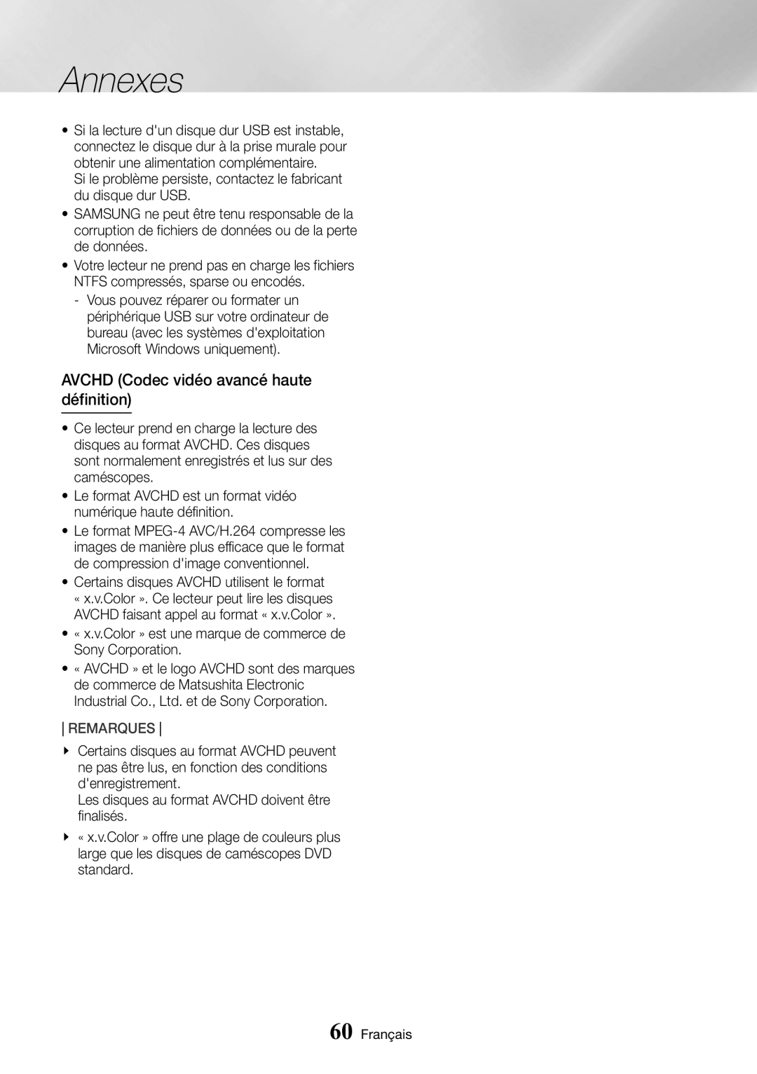 Samsung UBD-M9500/ZF manual Avchd Codec vidéo avancé haute définition 