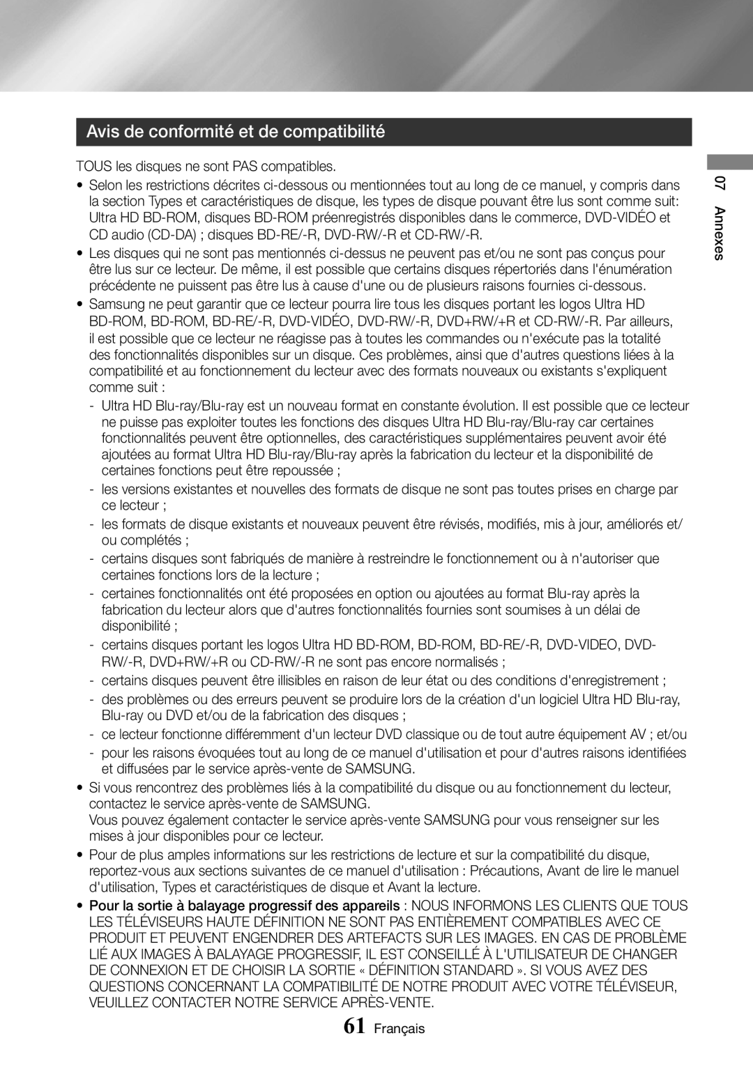 Samsung UBD-M9500/ZF manual Avis de conformité et de compatibilité, Tous les disques ne sont PAS compatibles 