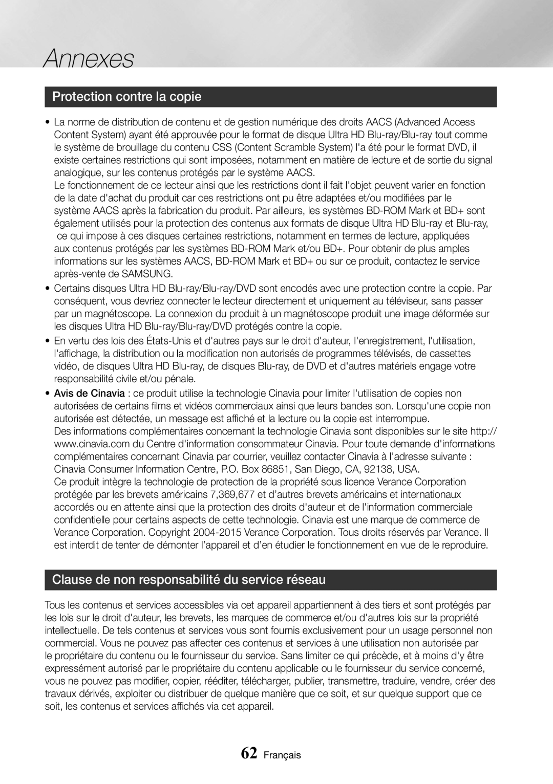 Samsung UBD-M9500/ZF manual Protection contre la copie, Clause de non responsabilité du service réseau 